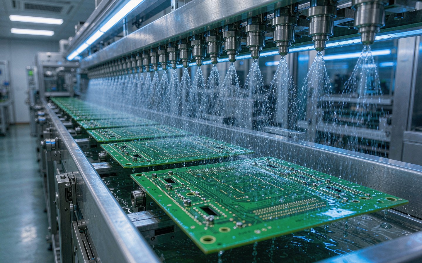 PCB 电路板在自动化喷淋显影线上